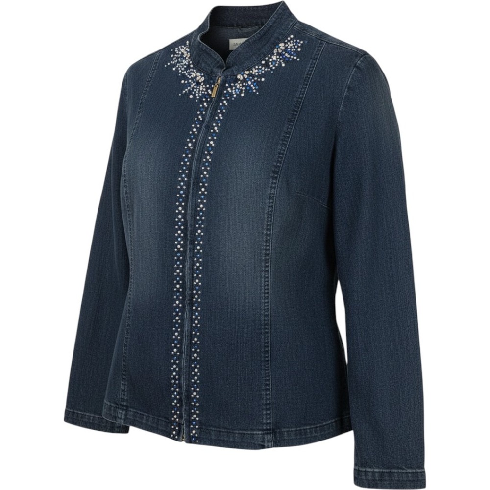 Samantha Grey Womens Dark Wash Embellished‎ Rhinestone Zip Front Denim Jacket 18